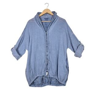 Tempo Paris Linen Jacket S/M Blue Hooded Lace Lagenlook Oversized Boho Coastal
